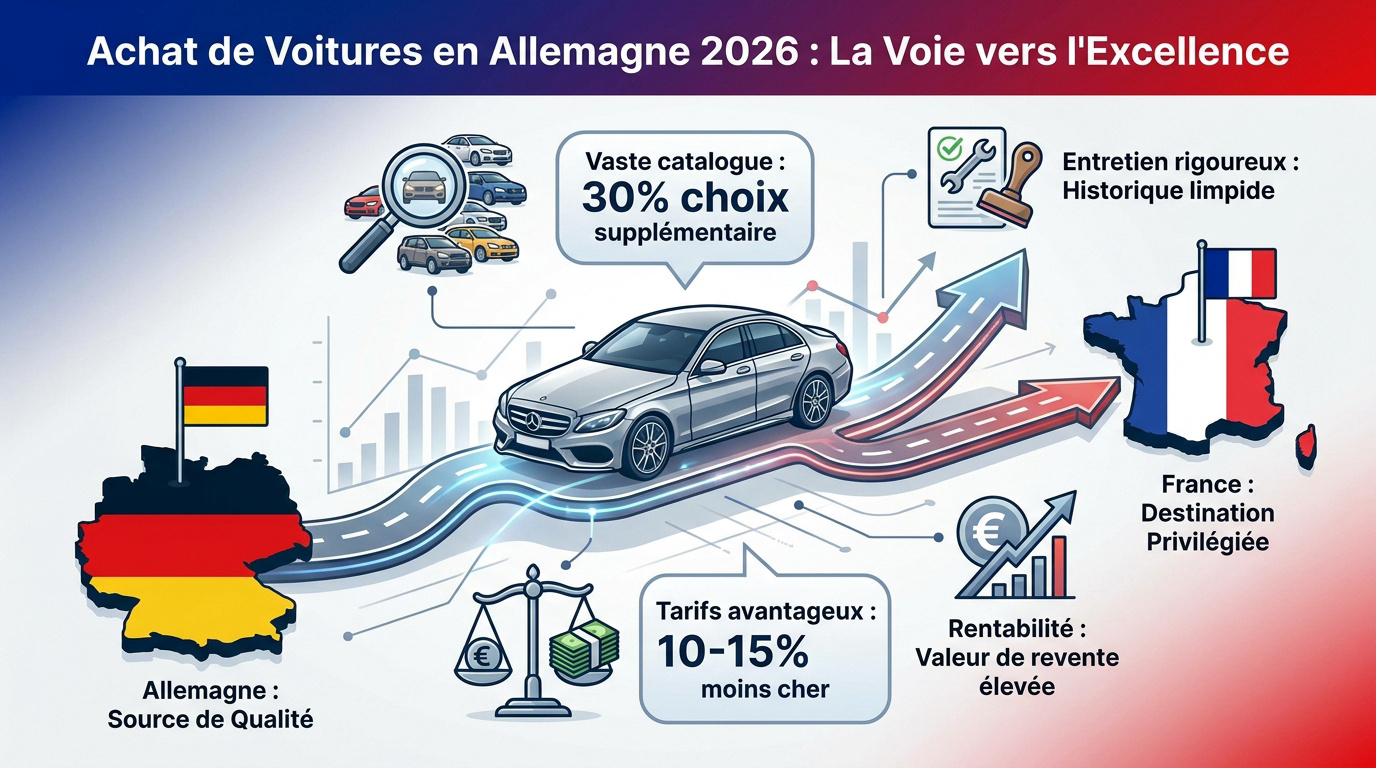 Voiture d'occasion premium importée d'Allemagne stationnée devant un garage moderne