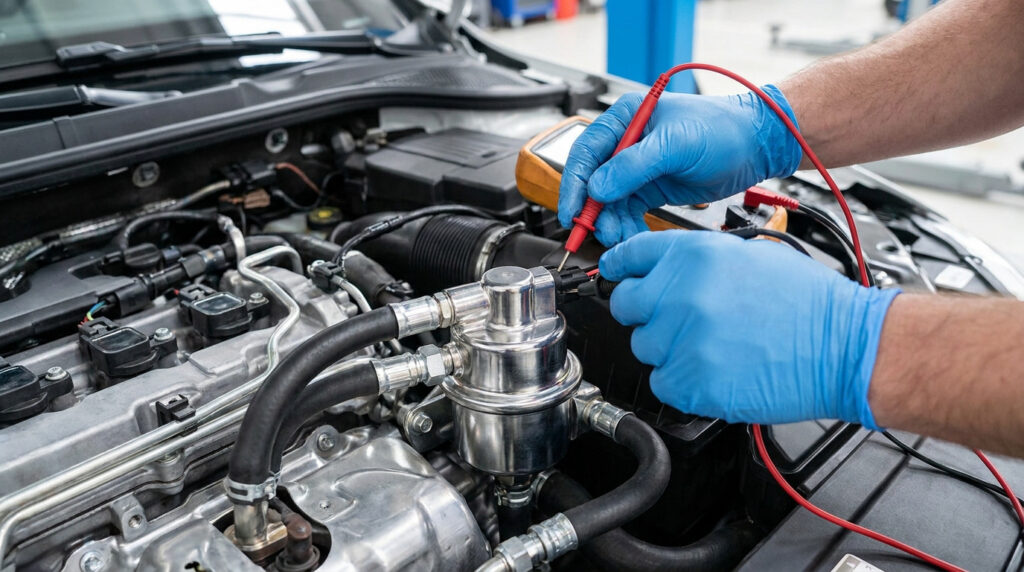 Un mécanicien en gants bleus teste une pompe de gavage avec un multimètre sous le capot d'une voiture.