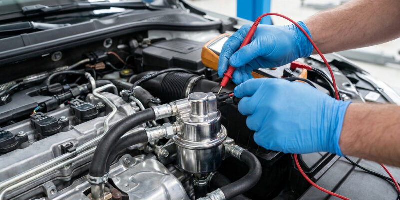 Un mécanicien en gants bleus teste une pompe de gavage avec un multimètre sous le capot d'une voiture.