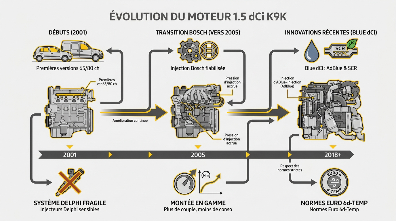 &Eacute;volution technique du moteur Renault 1.5 dCi K9K &agrave; travers les g&eacute;n&eacute;rations