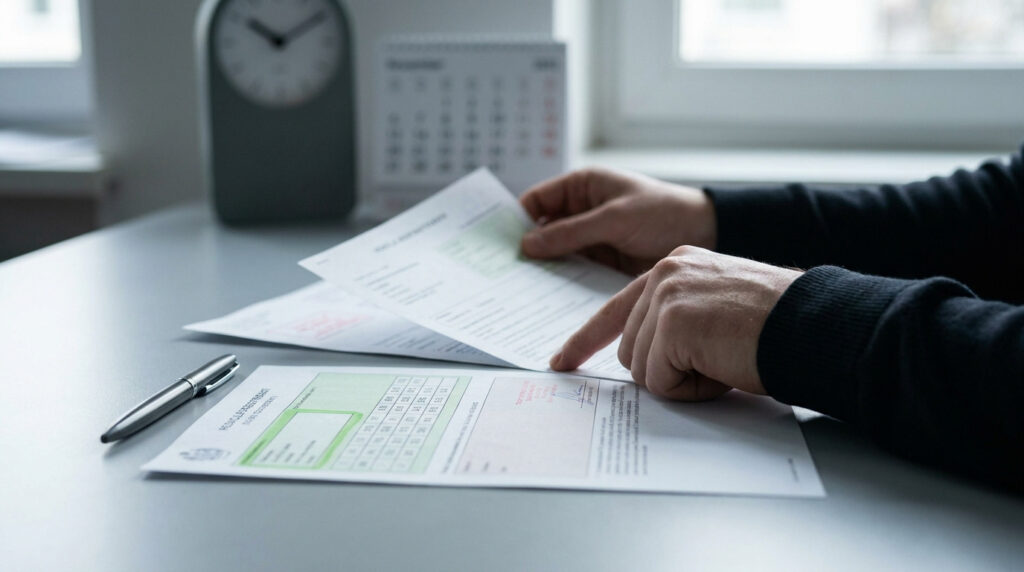 Une personne consulte des documents administratifs sur un bureau avec un calendrier et une horloge en arrière-plan.