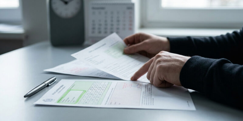 Une personne consulte des documents administratifs sur un bureau avec un calendrier et une horloge en arrière-plan.