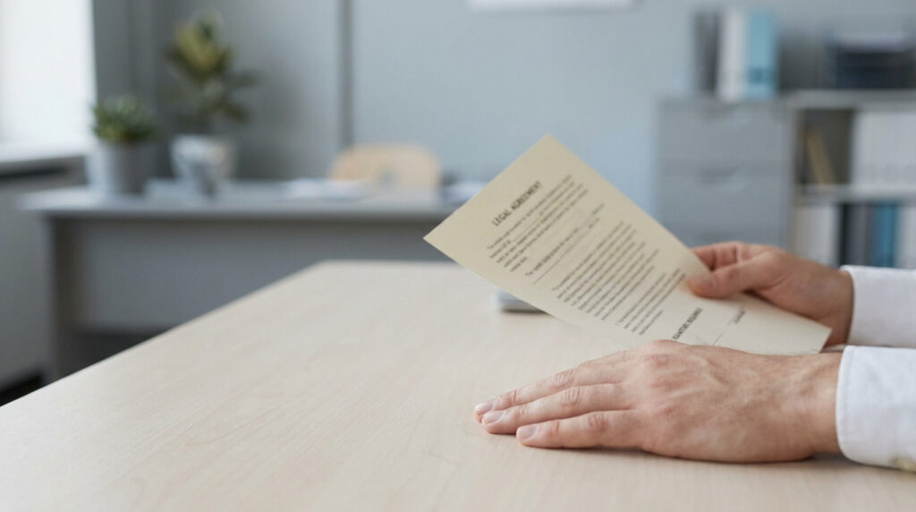 Mains d'un homme lisant un contrat juridique sur un bureau de bureau lumineux.