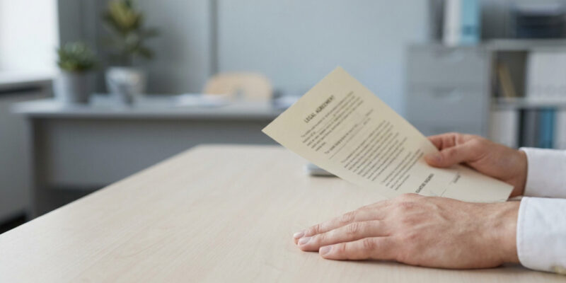 Mains d'un homme lisant un contrat juridique sur un bureau de bureau lumineux.