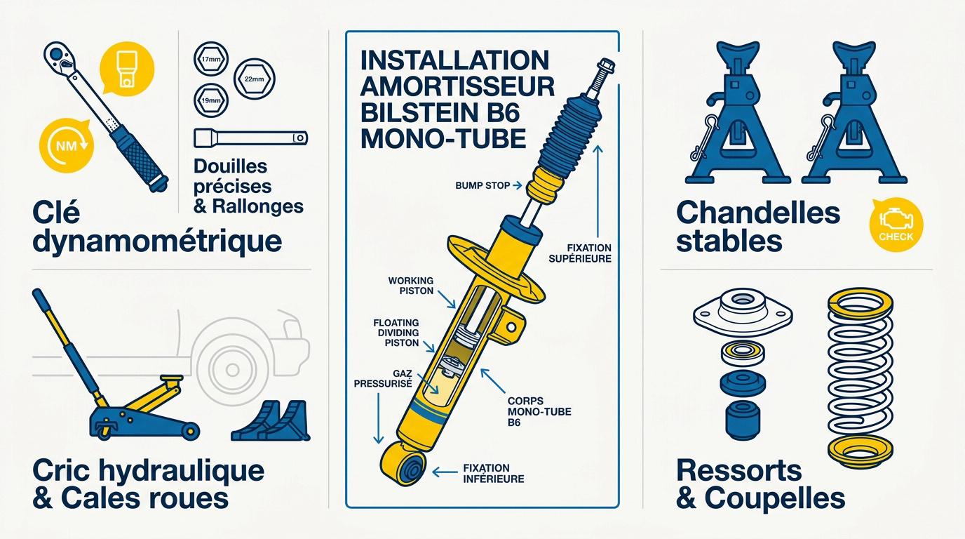 Mécanicien installant un amortisseur Bilstein B6 sur un véhicule sécurisé par des chandelles