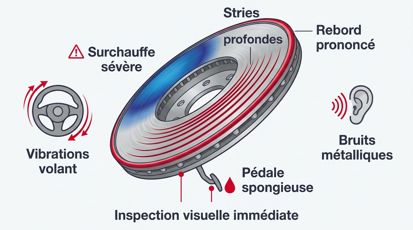Examen visuel des indicateurs d'usure et des fissures sur un disque de frein métallique