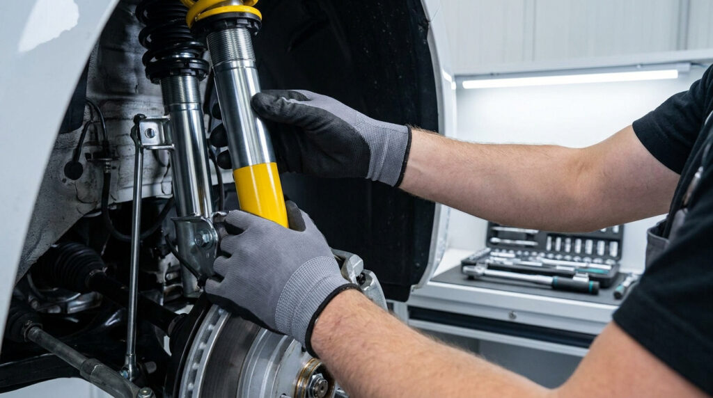 Un mécanicien en gants de protection installe un amortisseur Bilstein jaune et argent sur une voiture.
