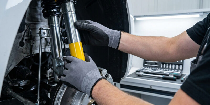 Un mécanicien en gants de protection installe un amortisseur Bilstein jaune et argent sur une voiture.