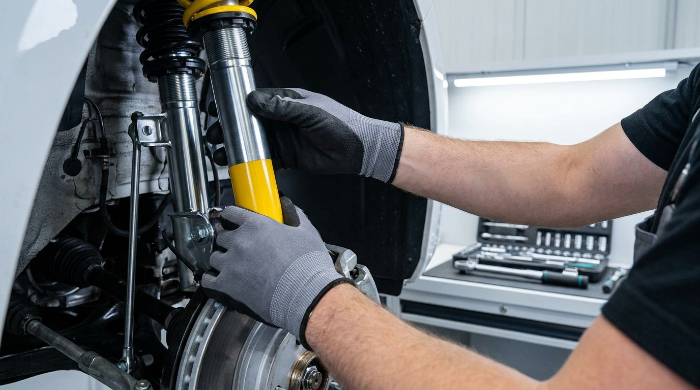 Un mécanicien en gants de protection installe un amortisseur Bilstein jaune et argent sur une voiture.