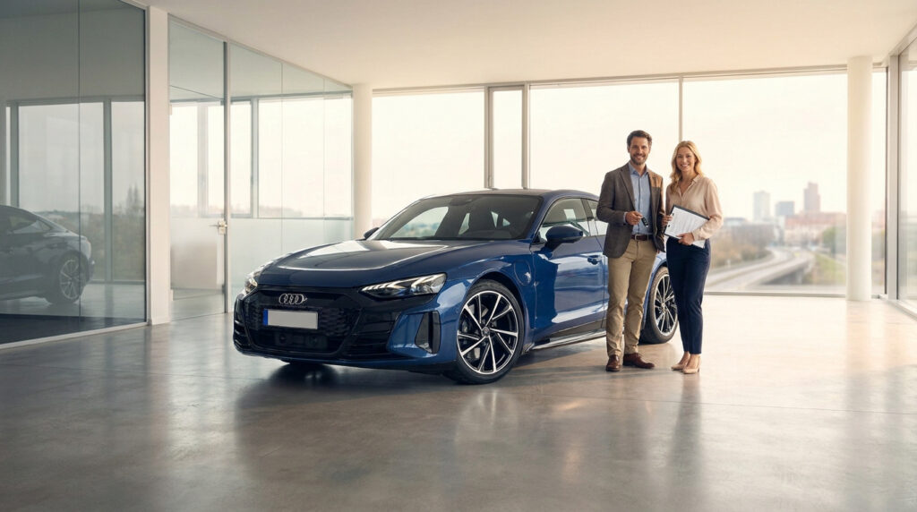 Un conseiller automobile remet les clés d'une Audi bleue à une cliente dans une concession moderne.