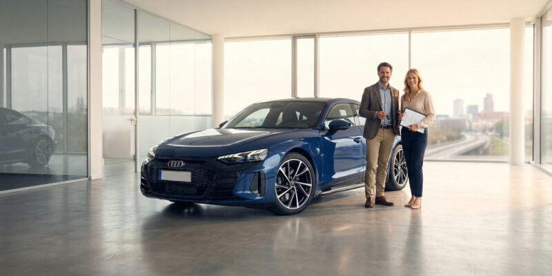 Un conseiller automobile remet les clés d'une Audi bleue à une cliente dans une concession moderne.