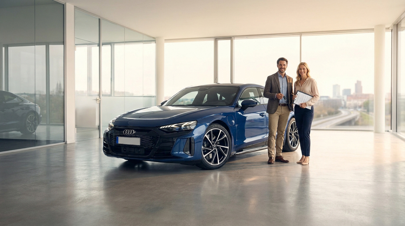 Un conseiller automobile remet les clés d'une Audi bleue à une cliente dans une concession moderne.