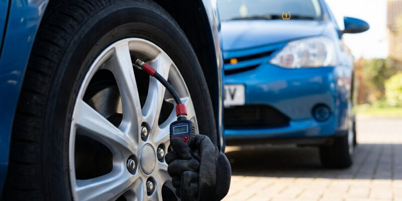 Une main gantée vérifie la pression des pneus d'une Toyota Yaris bleue avec un manomètre numérique.