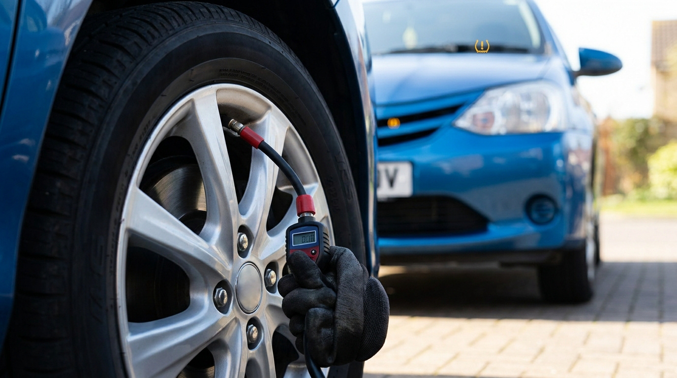 Une main gantée vérifie la pression des pneus d'une Toyota Yaris bleue avec un manomètre numérique.