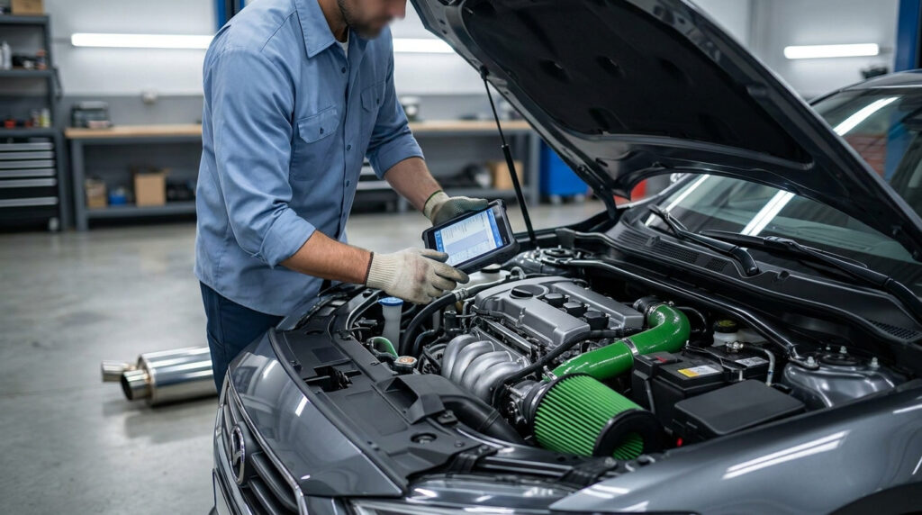 Mécanicien utilisant une tablette de diagnostic sur le moteur d'une voiture dans un atelier.