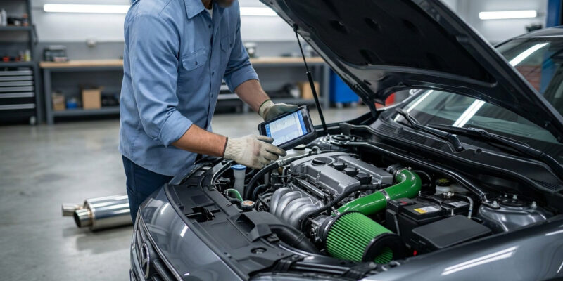 Mécanicien utilisant une tablette de diagnostic sur le moteur d'une voiture dans un atelier.