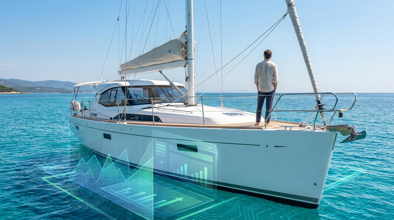 Un homme debout sur un voilier en mer avec une interface numérique montrant des graphiques financiers en surimpression.